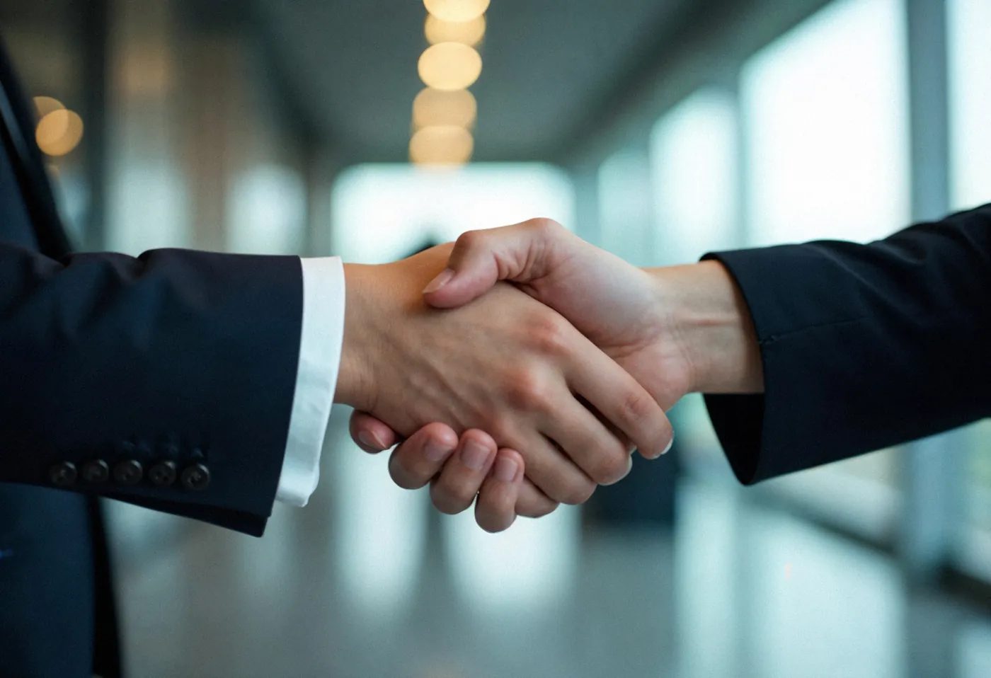 Dos personas estrechándose la mano en un pasillo.