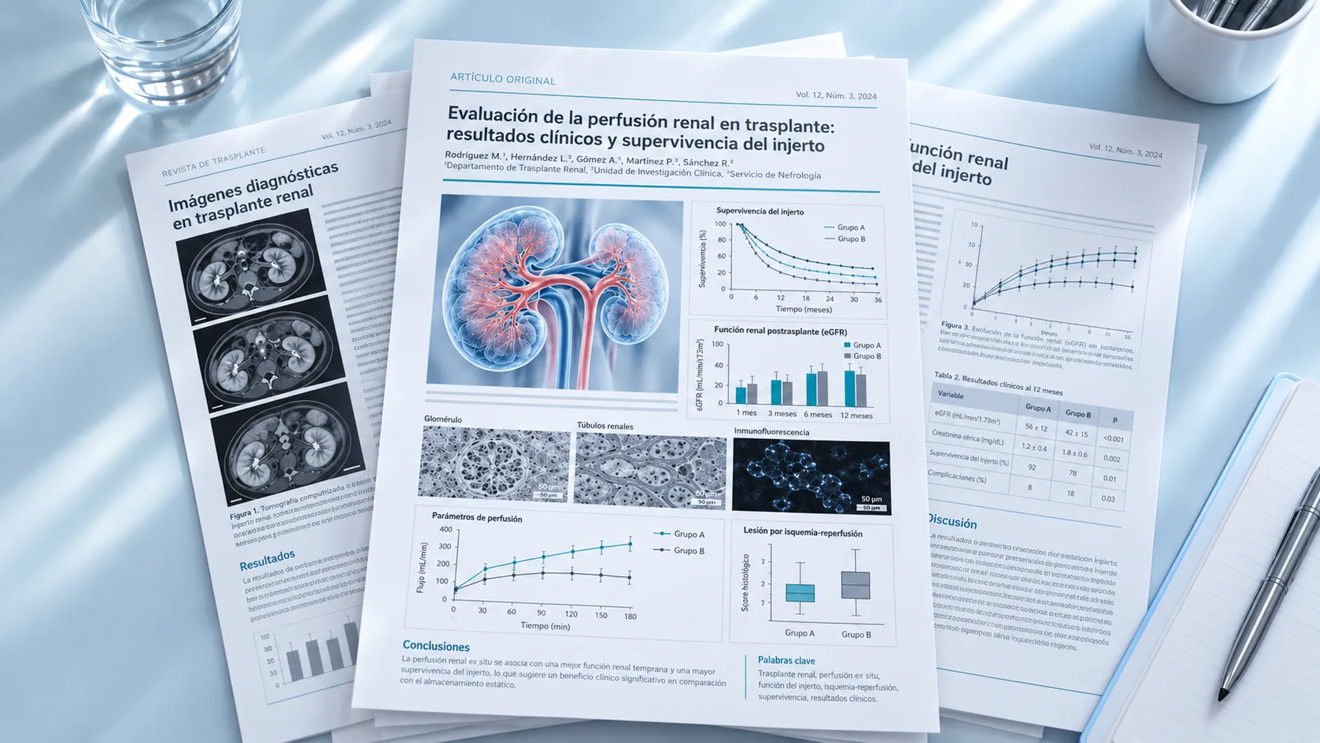 Artículos científicos impresos sobre perfusión renal en una mesa de trabajo.