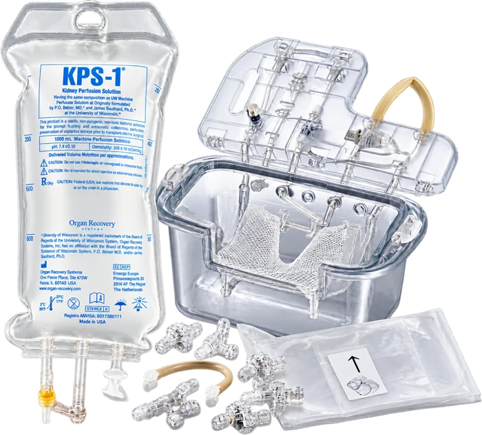 Bolsa de KPS-1®, cassette de perfusión, cánulas y paño estéril de los Consumibles LifePort® + KPS-1®.