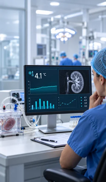 Profesional revisando datos de perfusión renal en un monitor.