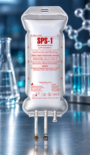 Bolsa de solución de preservación en un laboratorio.