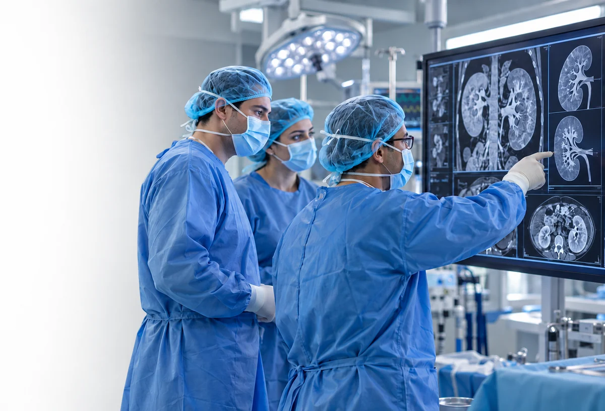 Equipo clínico revisando estudios de imagen en una sala hospitalaria.