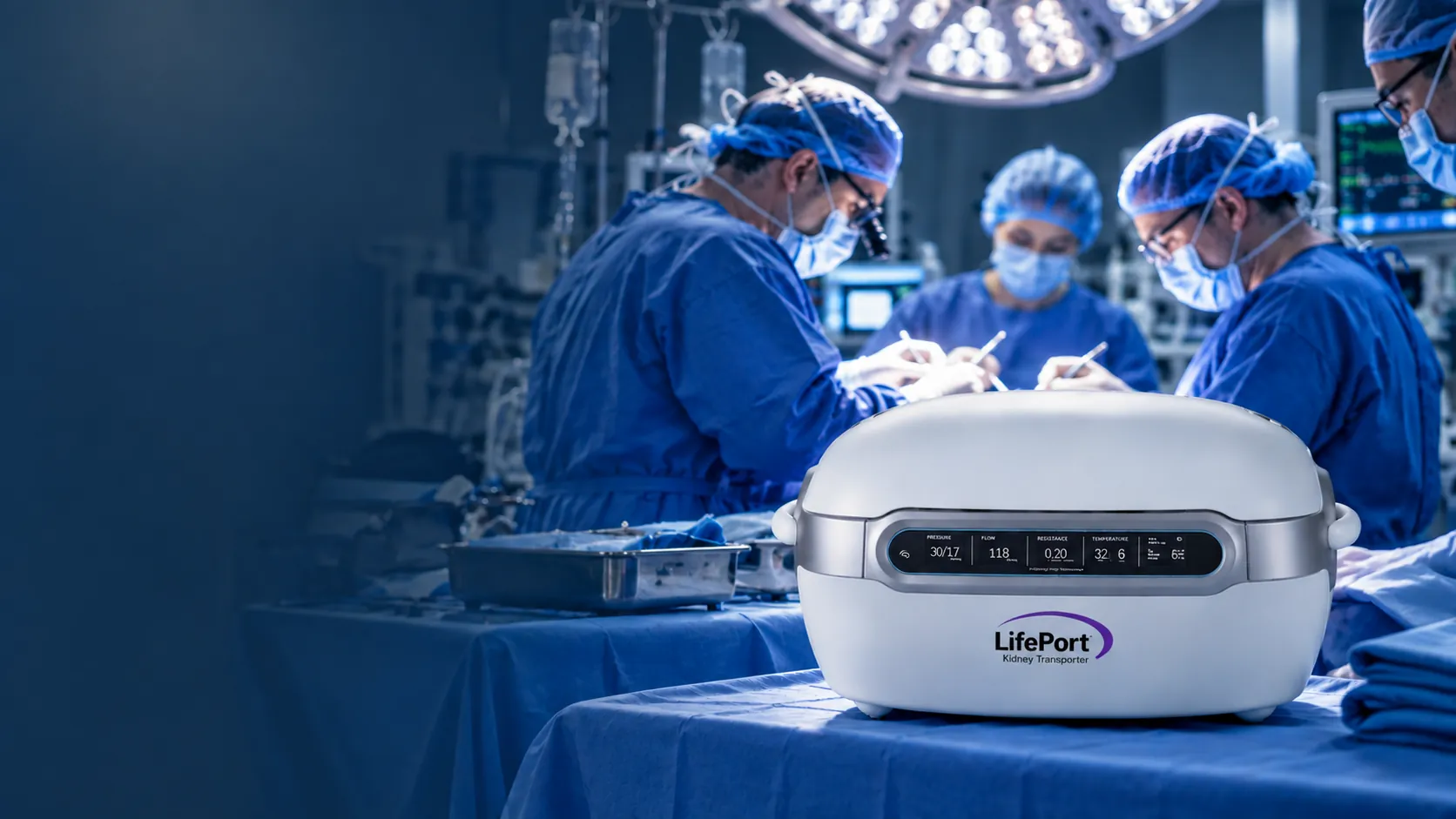 LifePort® en un quirófano con el equipo quirúrgico al fondo.