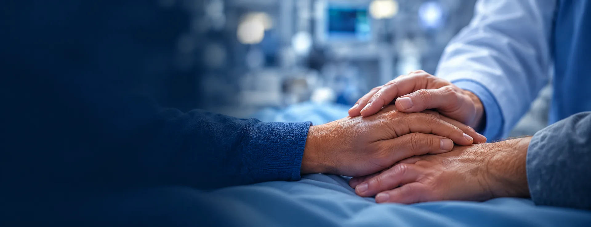 Manos entrelazadas de un paciente y un profesional de la salud.