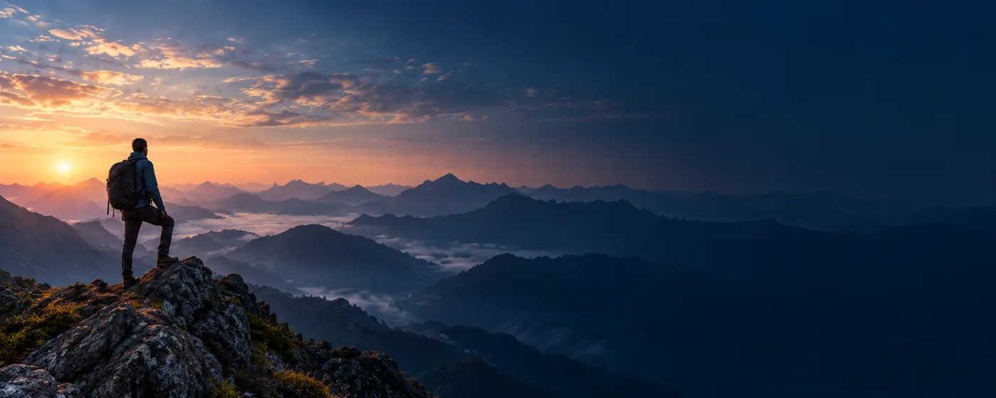 Persona en la cima de una montaña al amanecer.