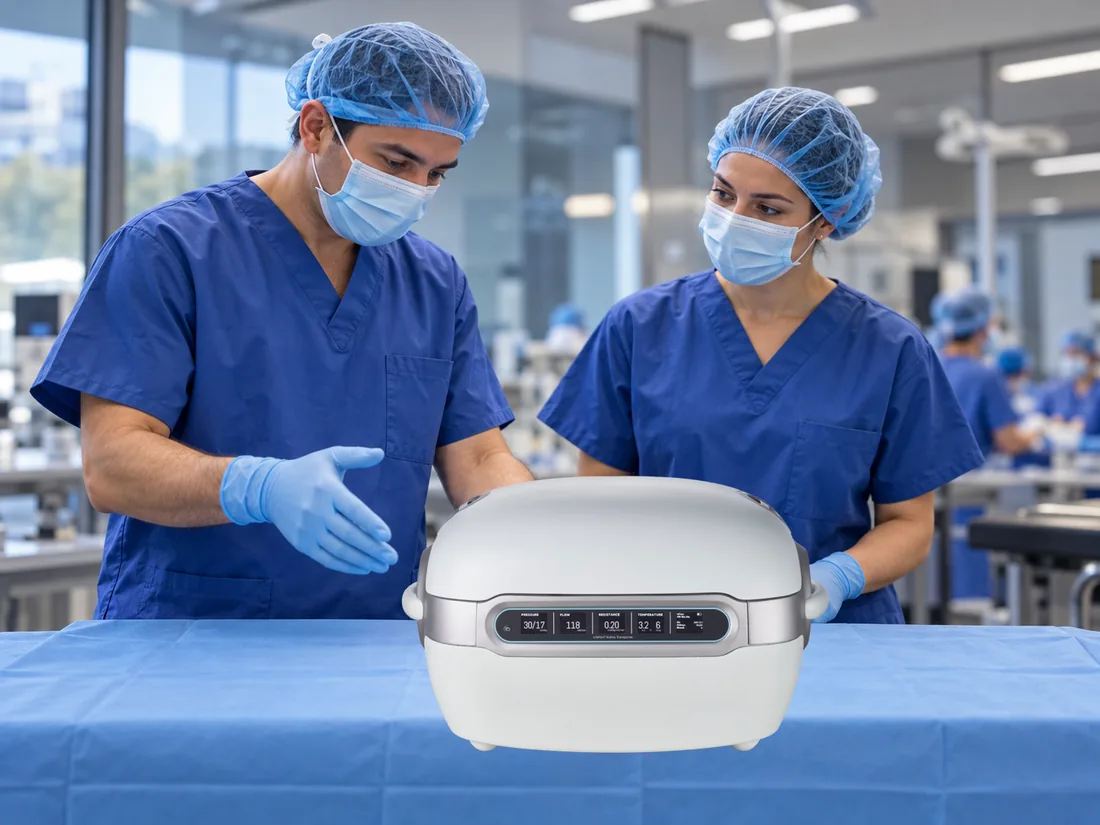 Dos profesionales clínicos preparando el LifePort® en un quirófano.