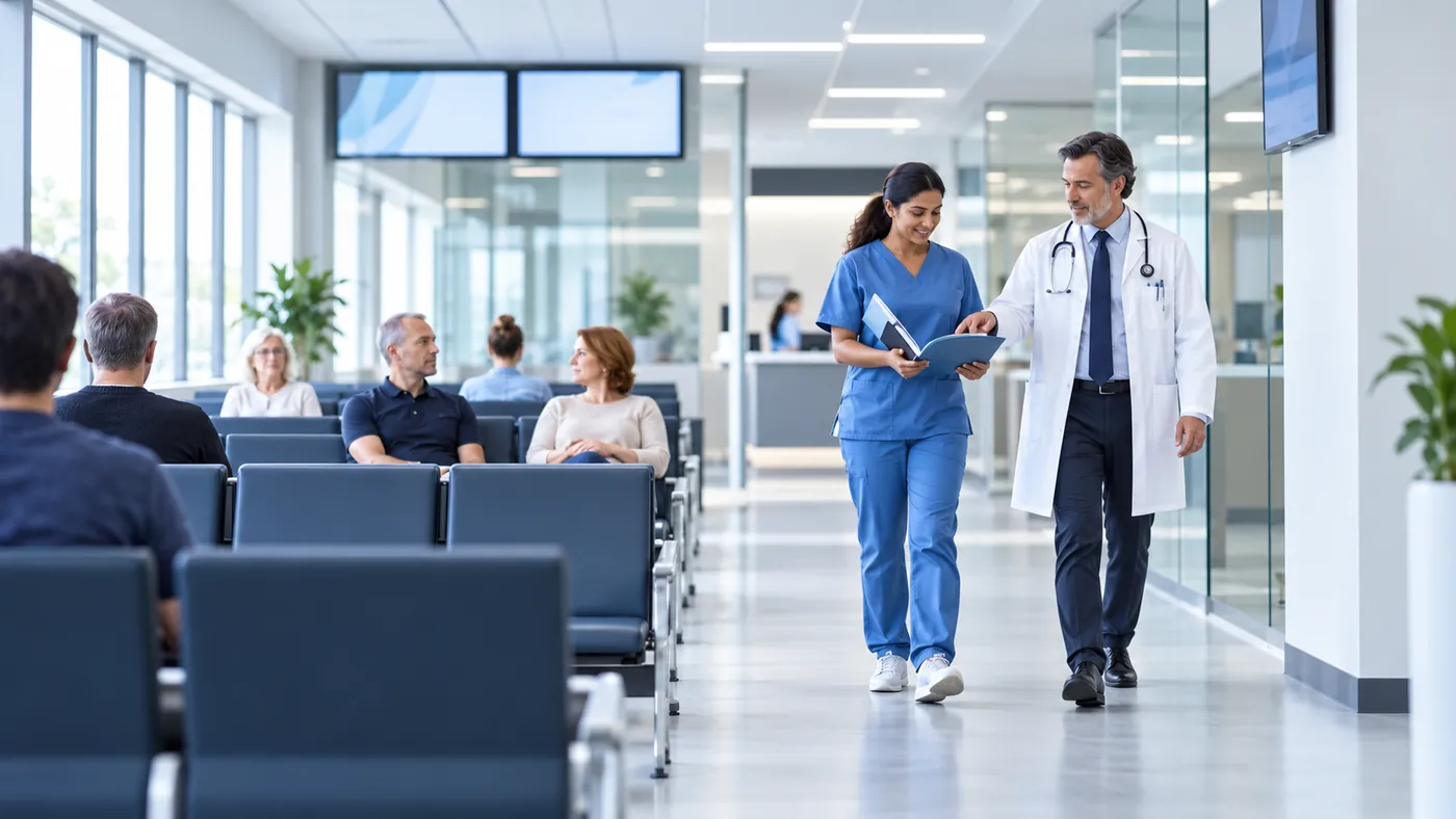 Profesionales de salud caminando por el vestíbulo de un hospital.
