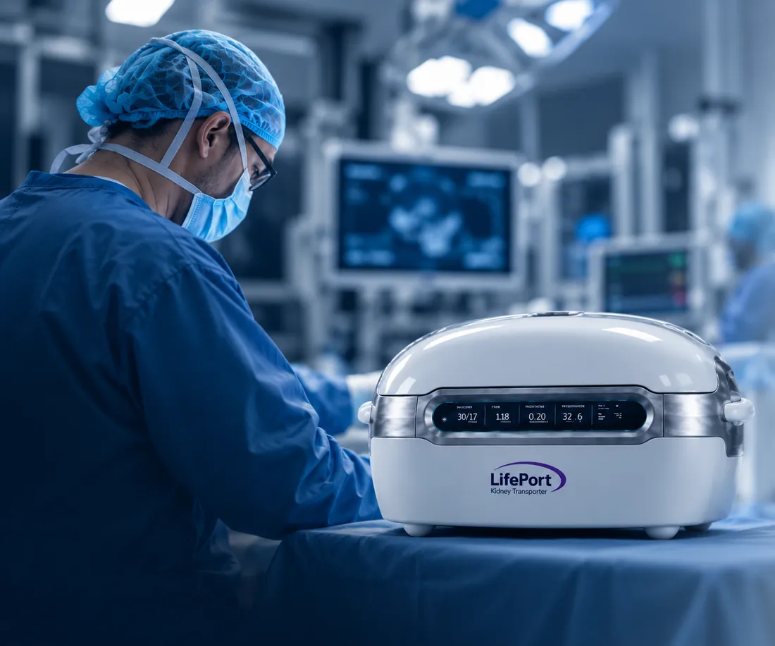 Profesional de la salud preparando un LifePort Kidney Transporter en el quirófano.
