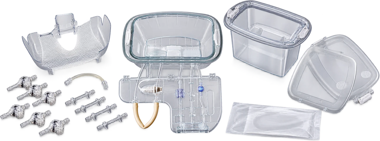 Kit completo de Consumibles LifePort® desplegado: contenedor del riñón, cassette, cánulas, tapas y paño estéril.