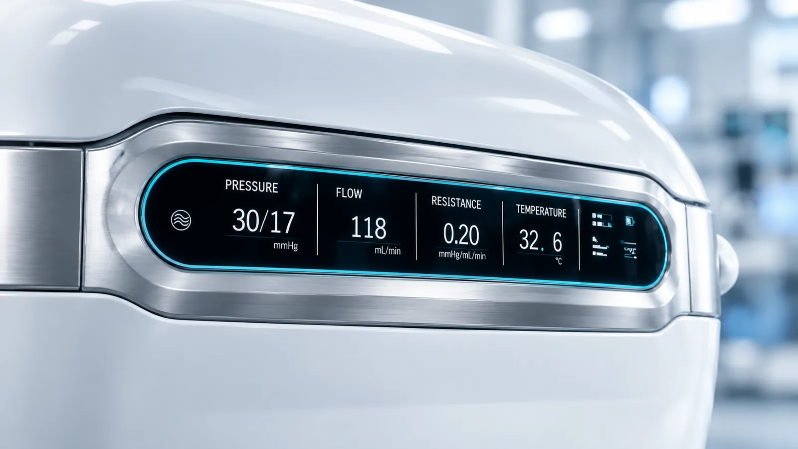 Pantalla del LifePort con presión, flujo, resistencia y temperatura.